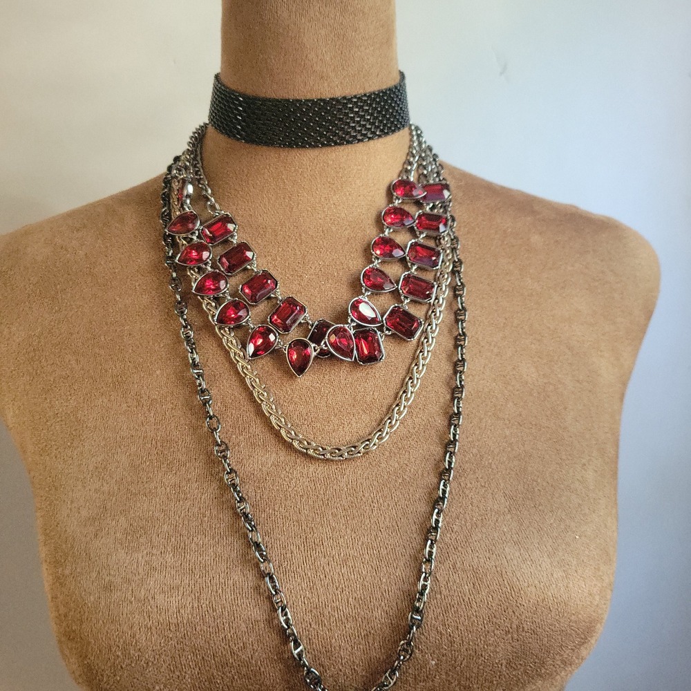 Mixed Metal Red Crystal Layered Necklace Choker Set Multi Chain 14-28in Goth